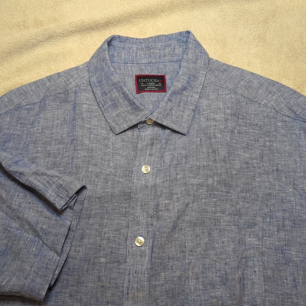 UNTUCKit Shirt Mens Sz L Blue 100% Linen Slim Fit Casual Button Up Short Sleeve